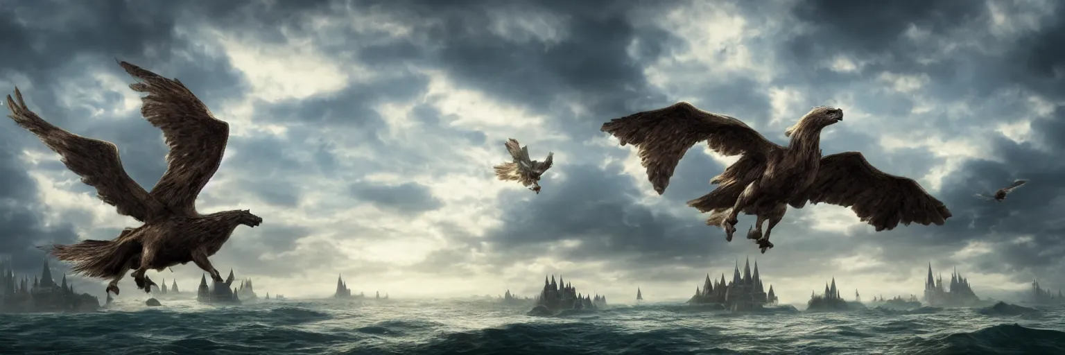 Image similar to hippogriff flying over a sea with hogwarts in the background, dramatic volumetric lighting, epic composition, high detail, 4K Ultra HD