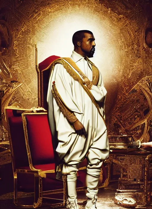 Prompt: kanye west as muammar kadhafi and emperor napoleon, splash art, movie still, detailed face, cinematic lighting, dramatic, octane render, long lens, shallow depth of field, bokeh, anamorphic lens flare, 8 k, hyper detailed, 3 5 mm film grain