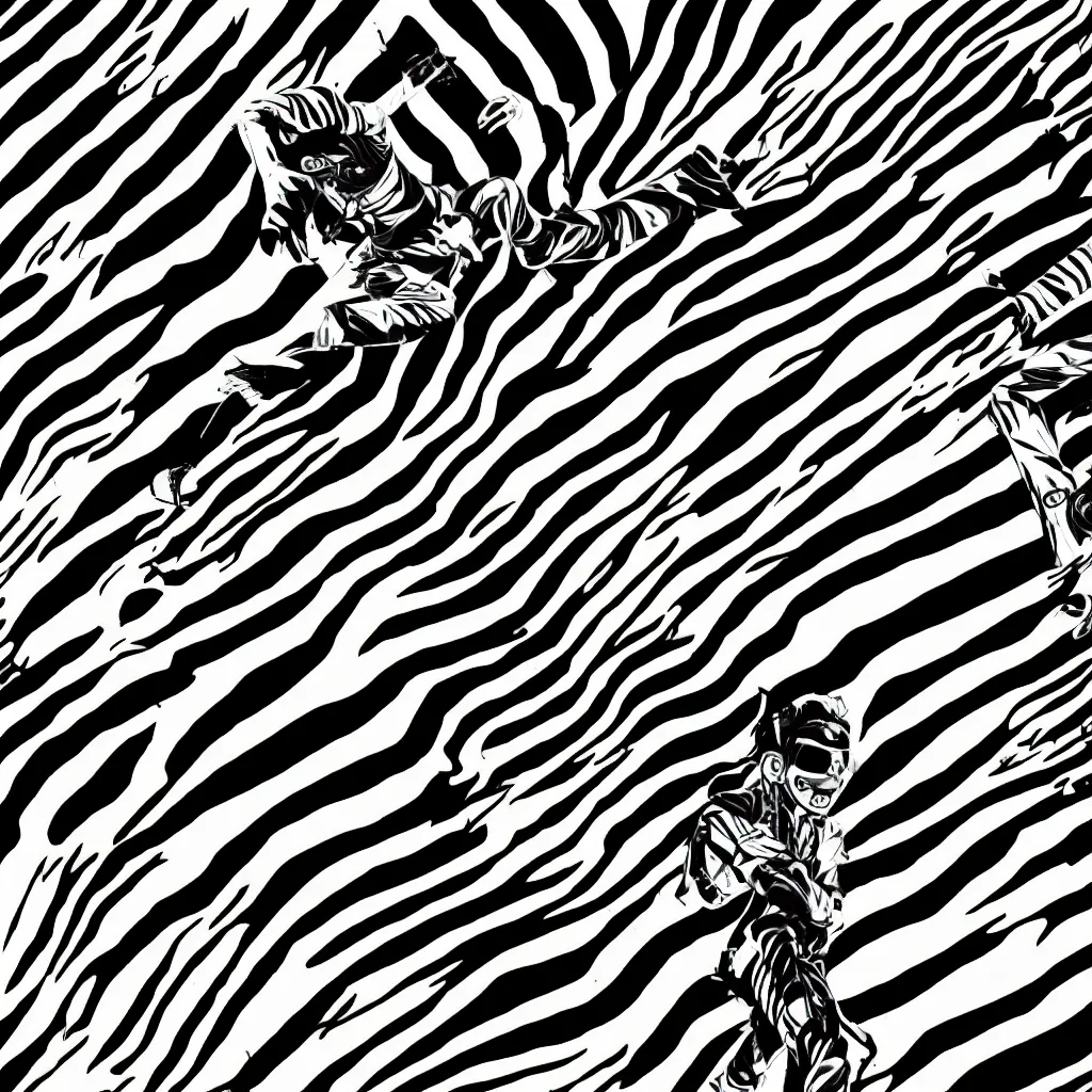 Prompt: faceless human figures, kazuo umezu artwork, jet set radio artwork, stripes, tense, space, cel - shaded art style, broken rainbow, ominous, minimal, cybernetic, dark, eerie, zebra stripes, crosswalks, guts, folds