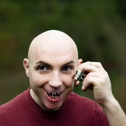 Prompt: A bald man biting a bullet