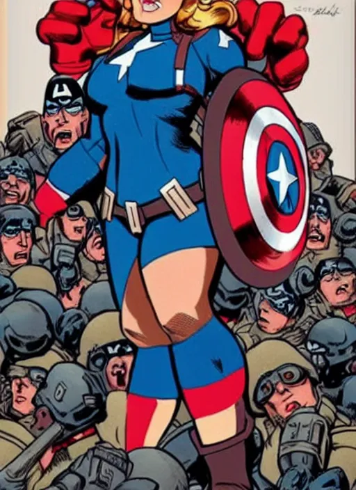 Image similar to plus size female captain america standing on a pile of defeated, beaten and broken ss soldiers. feminist captain america wins ww 2. american ww 2 propaganda poster by rob liefeld and pixar. gorgeous face. pin up. overwatch.