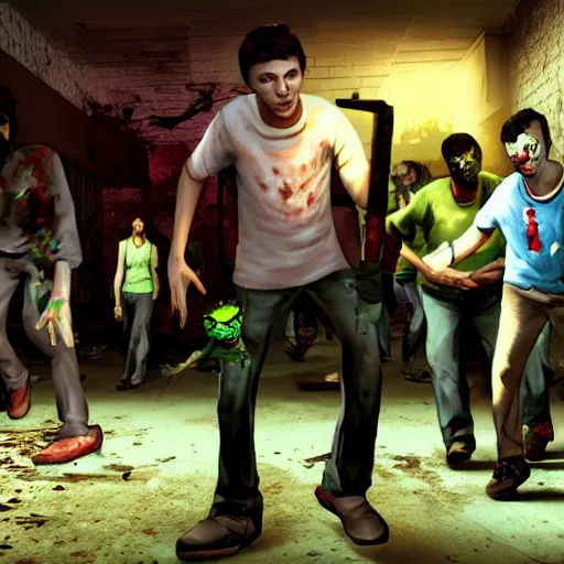 Prompt: michael cera in left 4 dead 2, hd screenshot, group photo, zombies in background