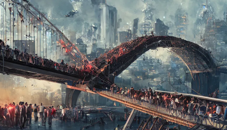 Image similar to bridge collapsed with people and cars on it, movie scene, various artists, explosion, hyperdetailed, artstation, cgsociety, 8 k