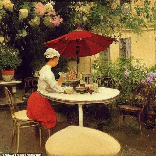 Prompt: a gorgeous housewife putting dishes on a table in the backyard, the table has a parasol, rainy scene, 1 9 5 0's, medium symmetry, by ilya repin, extreme detail, 8 k, intricate abstract, photorealistic