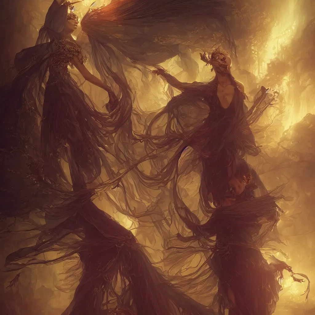 Image similar to Beautiful Evil Necromancer Sorceress, fantasy magic, dramatic lighting, golden hour, close to night, intricate, elegant, sharp focus, illustration, highly detailed, digital painting, concept art, matte, art by WLOP and Artgerm and Greg Rutkowski and Alphonse Mucha, masterpiece