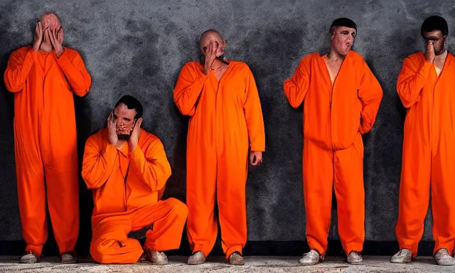 Prompt: guantanamo bay prison prisoners in orange jump suit crying. one of them is!! donald trump!!, photograph, realistic, dramatic lighting
