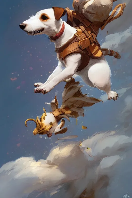 Image similar to adorable jack russel terrier jumping over a small house, fantasy art, artstation character design contest winner, trending on cgsociety, concept art, speedpaint, beautiful digital art, jesper ejsing, james jean, justin gerard, fenghua zhong, makoto shinkai, highly detailed