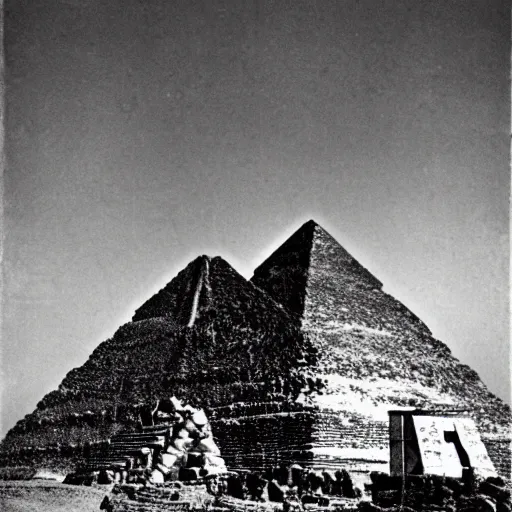 Prompt: historical photo of aliens building the great pyramid