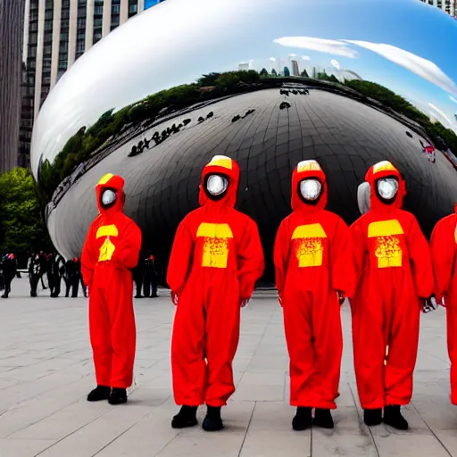 Image similar to chinese soldiers in hazmat suits carrying machine guns, detailed faces, cloud gate chicago, grey skies