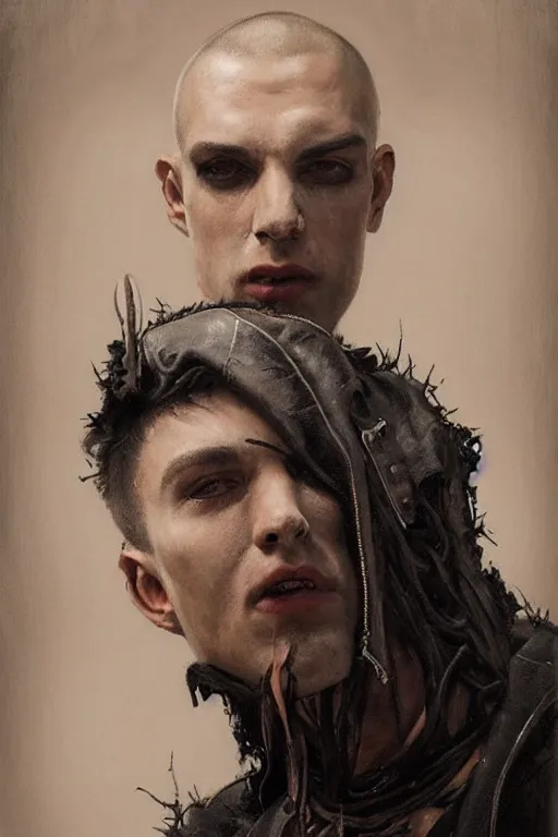 Image similar to an ugly young man, shaved head, gothic, tattered leather coat, intricate, elegant, dramatic lighting, highly detailed, lifelike, photorealistic, digital painting, artstation, illustration, concept art, smooth, sharp focus, art by John Collier and Albert Aublet and Krenz Cushart and Artem Demura and Alphonse Mucha