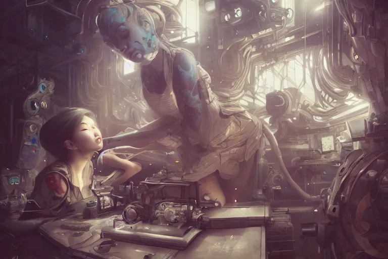 Image similar to hyperrealistic photography of a machine entering a female host in the style of Jin Kagetsu, James Jean and wlop, highly detailed, sharp focus, intricate concept art, digital painting, ambient lighting, 4k, artstation