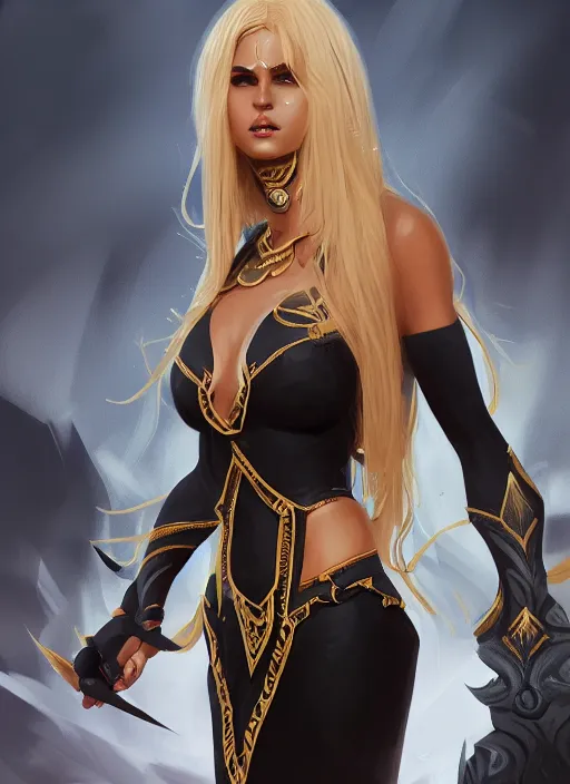 Prompt: a highly detailed illustration of fierce blonde tanned skin goddess ereshkigal wearing black dress, dramatic powerful pose, perfect face, perfect body, intricate, elegant, highly detailed, centered, digital painting, artstation, concept art, smooth, sharp focus, league of legends concept art, wlop