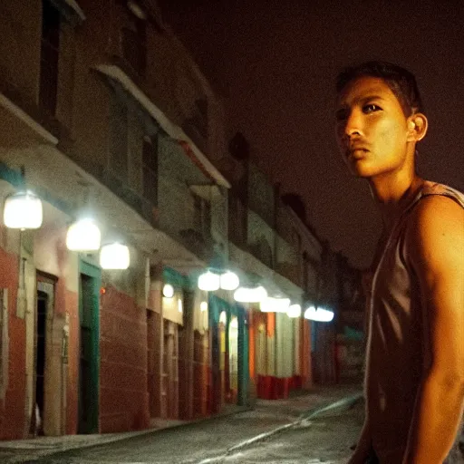 Prompt: empty street, mayan warrior, portrait, at night, by addy campbell, cinematography by quetzalcoatl
