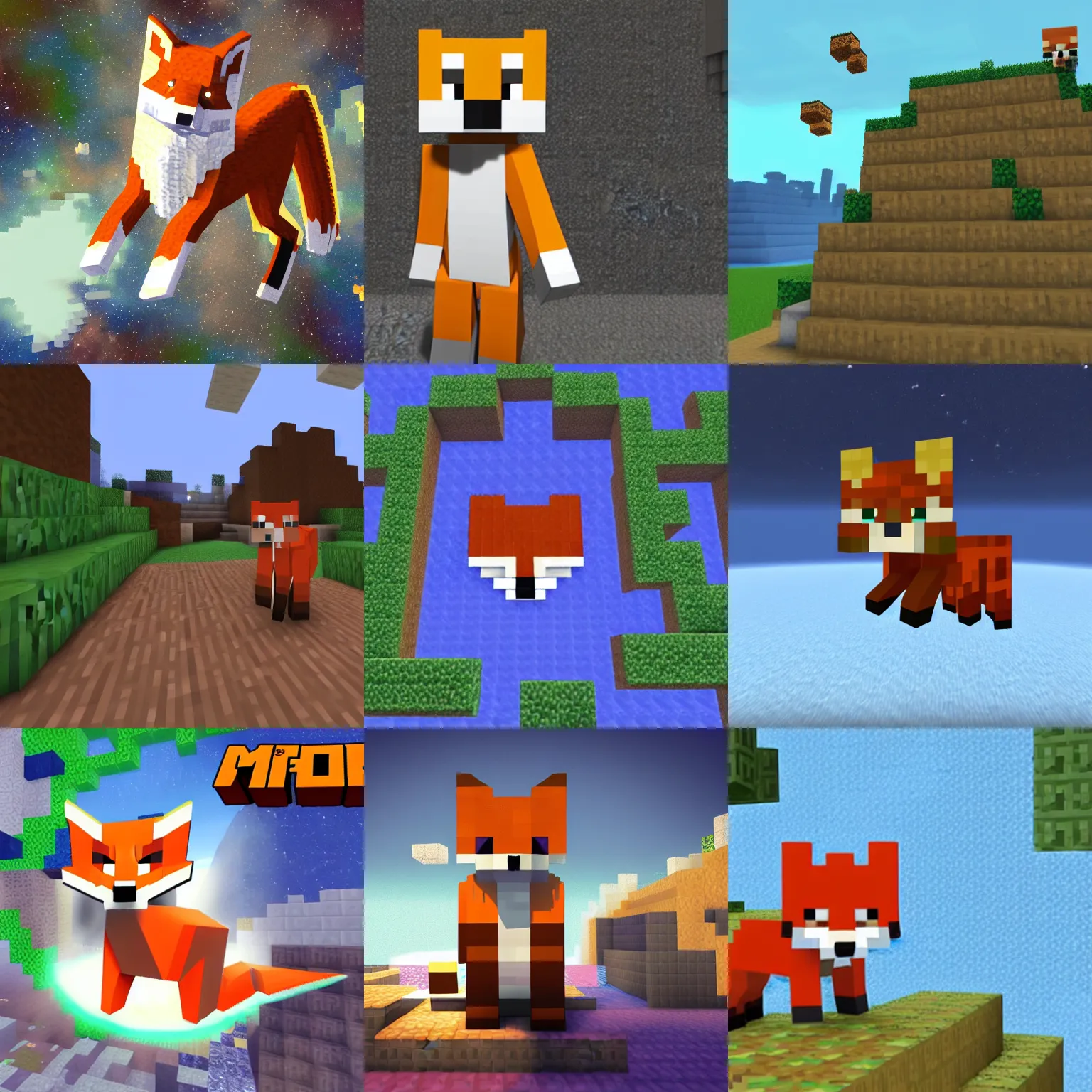 Prompt: fox from minecraft floating in space near white crunch