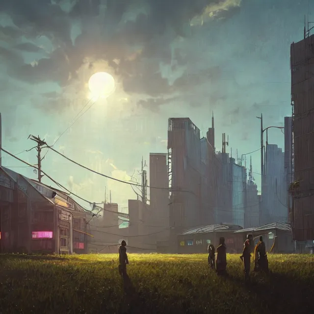 Prompt: An cyberpunk buildings with the sun shining through the clouds in utopia by Simon Stålenhag and Greg Rutkowski,In style of Grant Wood.hyper detailed,8K Resolution,unreal engine 5,Ray Tracing,highly realistic.trending on Artstation.oil on canvas