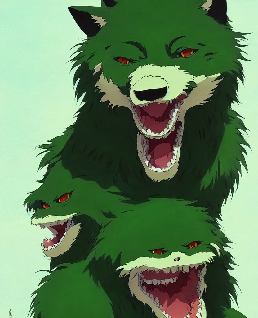 Prompt: beautiful painting from the anime film by studio ghibli, green anthropomorphic wherewolf human hybrid, drooling teeth bared, fur, trending on artstation