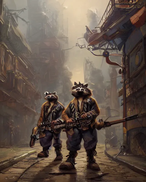 Image similar to oil painting of anthropomorphized raccoon legion holding rifles, steampunk clothes, steampunk city background, sharp focus, fantasy style, octane render, volumetric lighting, 8k high definition, by greg rutkowski, highly detailed, trending on art Station, dungeons and dragons artwork, centered