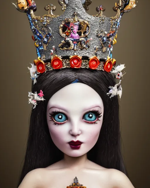 Image similar to highly detailed closeup, face profile portrait of a tin toy goth fairytale princess wearing a crown and sitting on a throne, bikini, depth of field, fashion photoshoot by nicoletta ceccoli, mark ryden, lostfish, dan decarlo, bob clampett, max fleischer, breathtaking, detailed and intricate environment, 8 k resolution, hyperrealistic, octane render