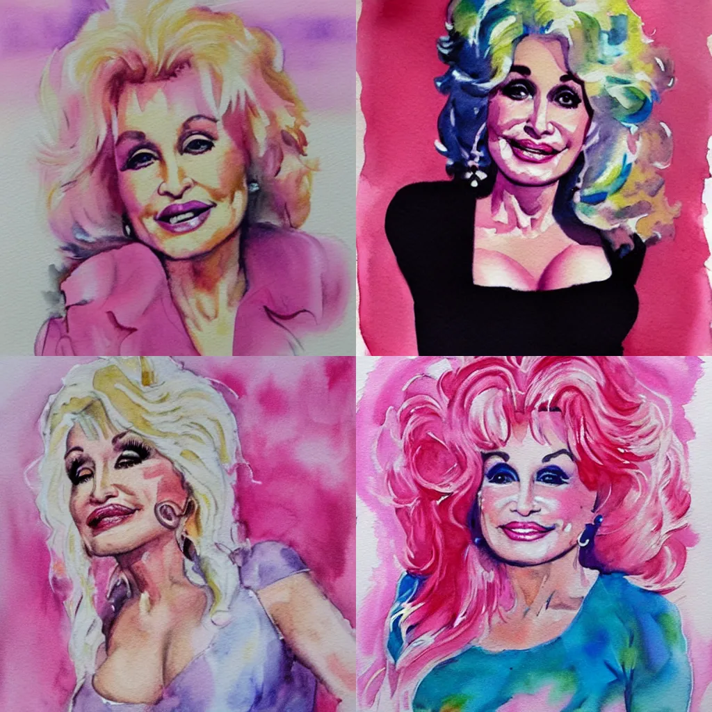 Prompt: Dolly Parton, watercolor, pink hues, young