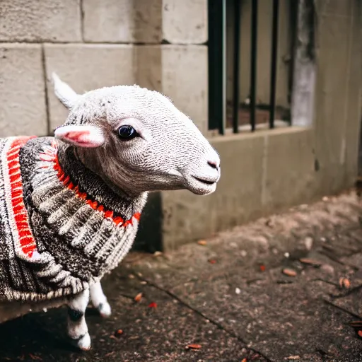 Image similar to lamb wearing a sweater, canon eos r 3, f / 1. 4, iso 2 0 0, 1 / 1 6 0 s, 8 k, raw, unedited, symmetrical balance, in - frame,