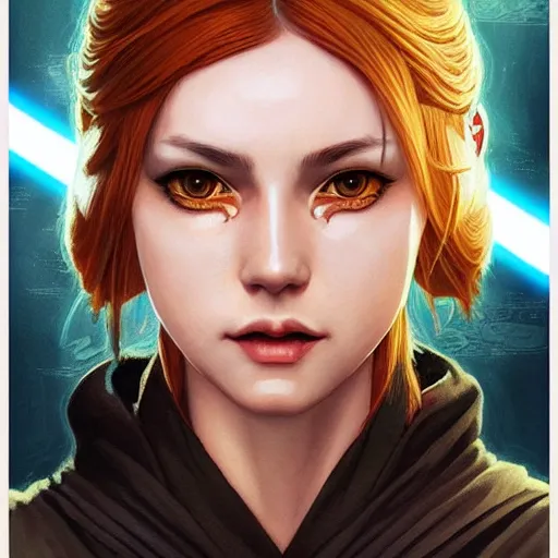 Image similar to female jedi master, wearing the traditional jedi robe, beautiful and uniquely odd looking, detailed symmetrical close up portrait, intricate complexity, in the style of artgerm and ilya kuvshinov, magic the gathering, star wars art