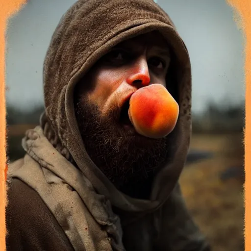 Image similar to Portrait of a feral man eating a peach, factory background, detail chewing, aesthetic, by greg rutkowski, rendered in octane