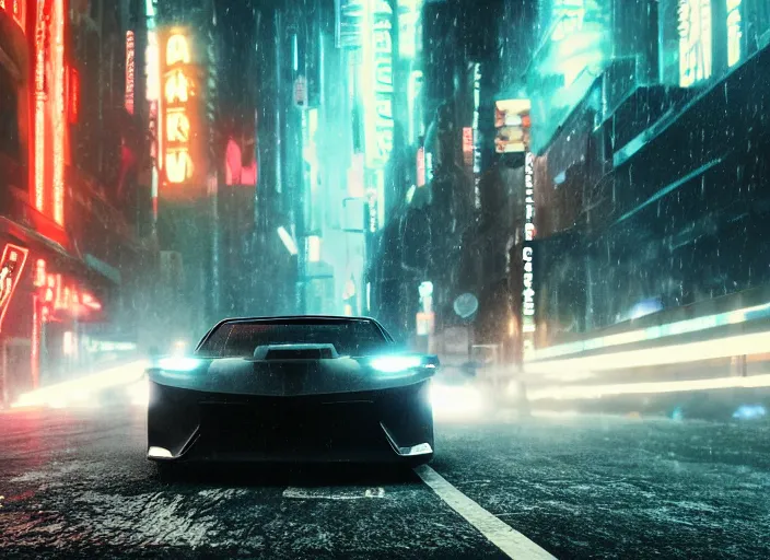 Image similar to Bladerunner2049 street racing man leaning cool pose on his black sports car red emissives volumetric lighting Cyberpunk RTX ray marching street