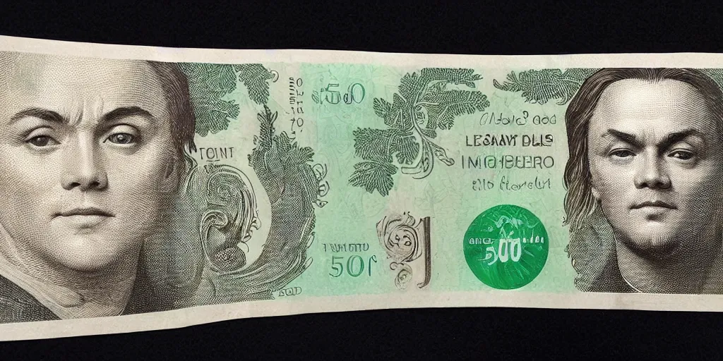 Image similar to 5 0 dollar bill with the face of leonardo di caprio, high details