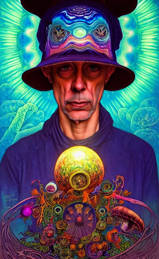 Prompt: An extremely psychedelic celestial larry harvey in his hat, colorful, surreal, dramatic lighting, magic mushrooms, psilocybin, LSD, face, detailed, intricate, elegant, highly detailed, digital painting, artstation, concept art, smooth, sharp focus, illustration, art by Krenz Cushart and Artem Demura and alphonse mucha