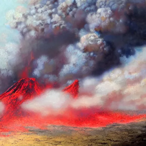 Prompt: a volcano eruption, huge fluffy smoke clouds, lava, beautiful, eerie, scary, red, craig mullins