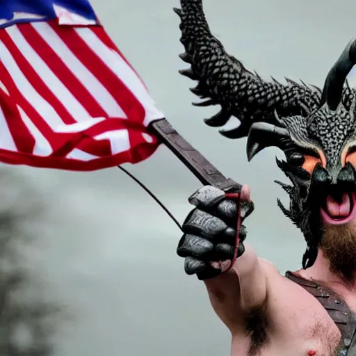 Image similar to a viking holding the head of donald trump riding a dragon flying, over the white house