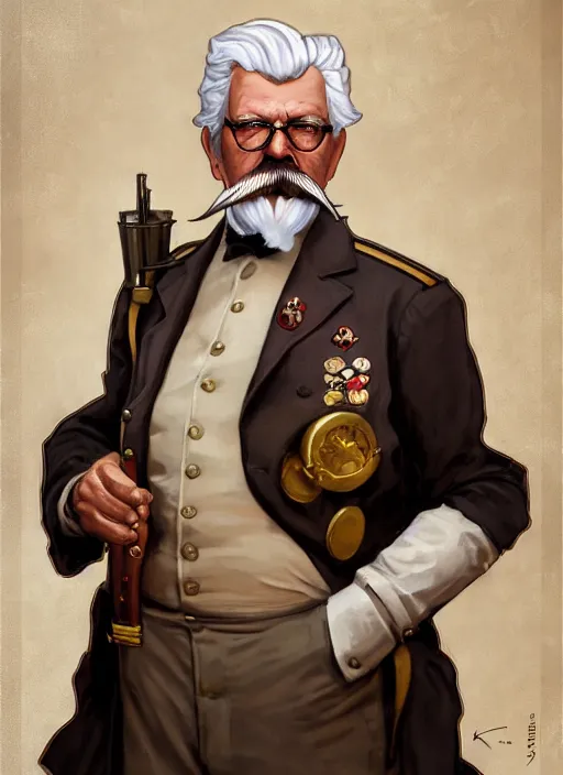 Image similar to close up portrait of colonel sanders, decorated civil war veteran, long handlebar mustache, union uniform by artgerm, cushart krenz, greg rutkowski, mucha. art nouveau. gloomhaven, military symbolism, pale colors, sharp edges. ultra clear detailed. 8 k. elegant, intricate, octane render