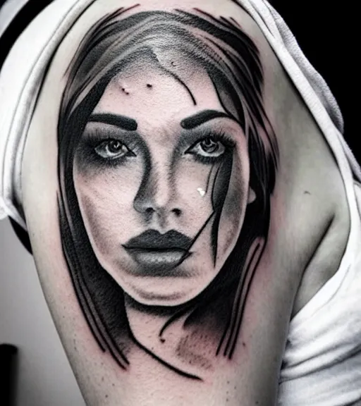 Prompt: tattoo design sketch of an extremely beautiful woman face with a stunning mountain view faded background on her side, hyper - realistic, double exposure, in the style of matteo pasqualin, amazing detail, black and white, faded