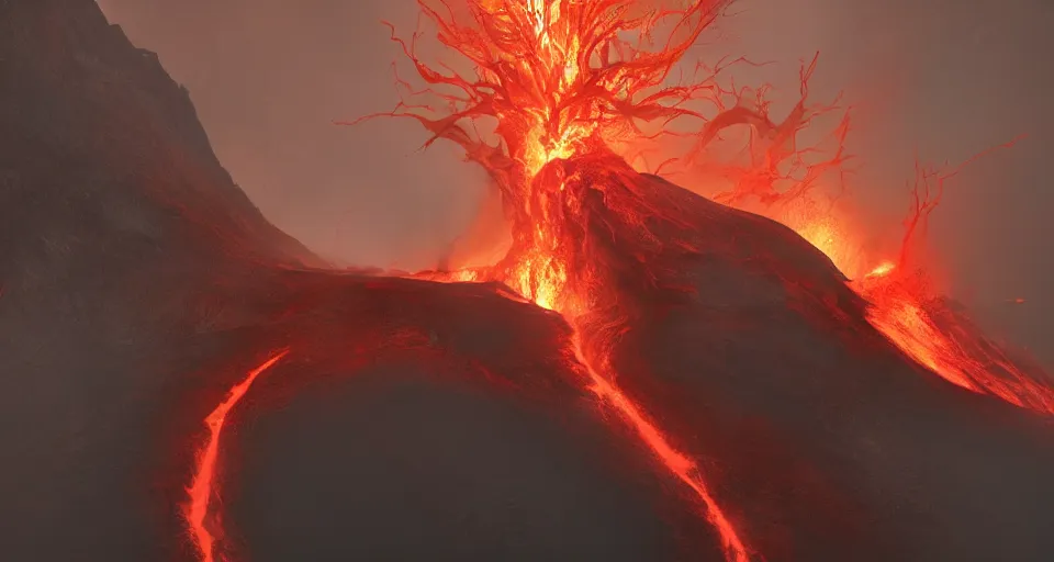 Image similar to a volcano made of ivory vines and crimson rocks enters in eruption, it spits a smoke in the shape of demonic eye, by D&D Concept Artists