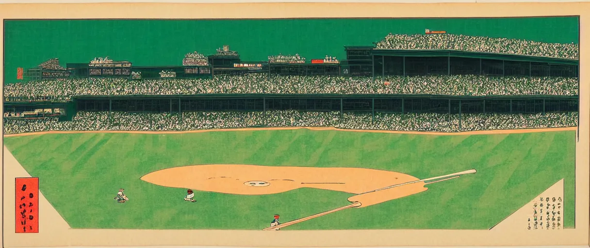 Image similar to ukiyo - e portrait of the green monster, fenway park