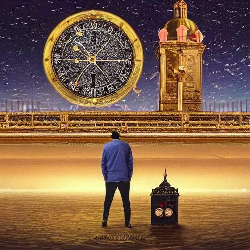 Prompt: a man looking at a giant, detailed, ornamented clock floating in the distance with the cosmos and stars visible in the background, album artwork style.