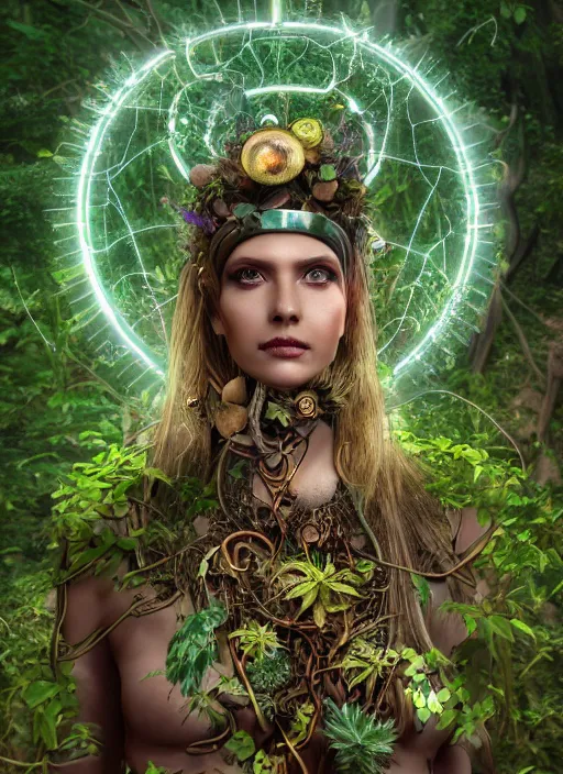 Image similar to goddess of technology in the forest, covered with plants and mushrooms, hair made of cords and wires, electricity, beautiful symmetrical face, steampunk, one head, a lot of jewellery, gold, earrings, gears - mystical forest - octane render, 8 k, cinematic light