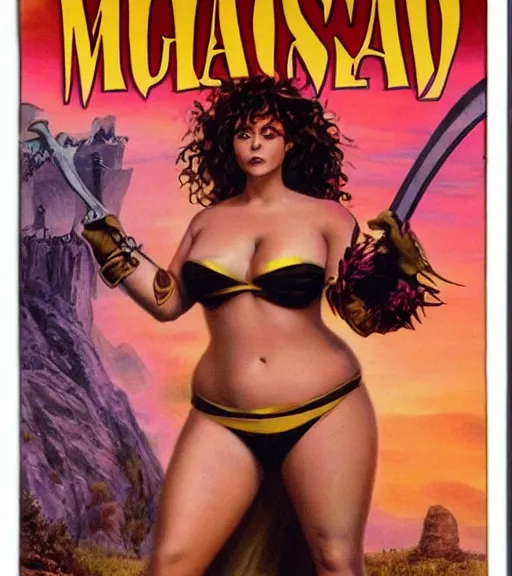 Image similar to 1 9 8 0 s fantasy novel book cover, bbw plus size amazonian sarah hyland in extremely tight bikini armor wielding a cartoonishly large sword, exaggerated body features, dark and smoky background, low quality print