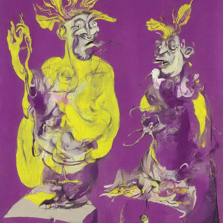 Prompt: painting by francis bacon, highly detailed, purple ancient deity, yellow rat pig, holding a red orchid, laughing, sitting in a brightly lit pink room