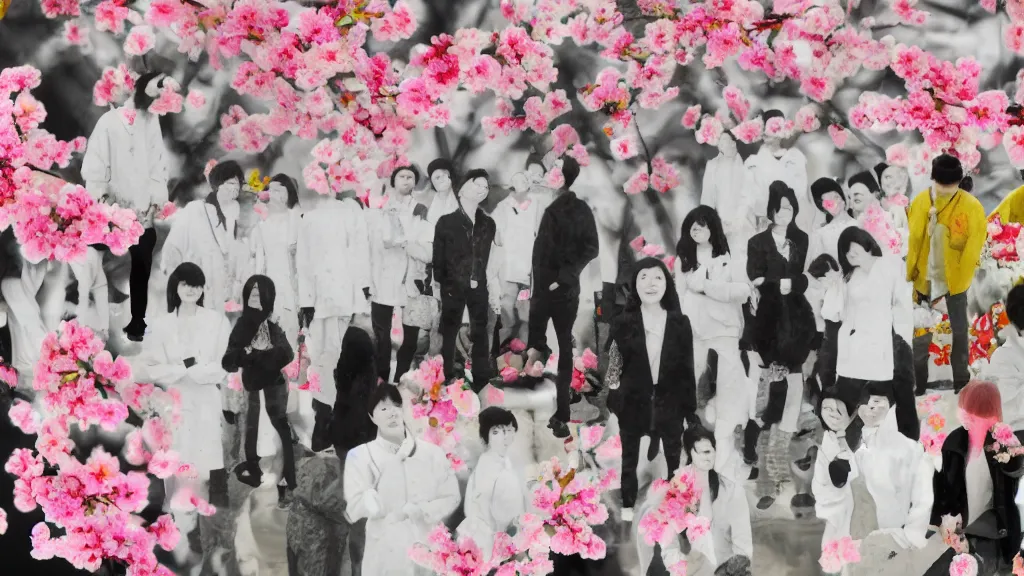 Image similar to a group of people flower viewing sakura, japan, a collage painting, in the style of wes anderson, lola dupre, david hockney, isolated on negative white space background dark monochrome neon fluorescent spraypaint accents volumetric octane render