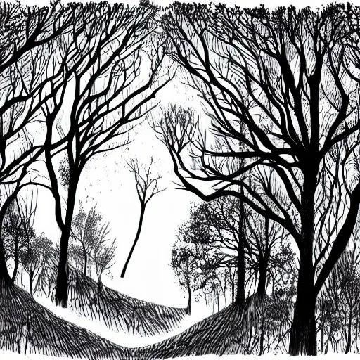 Prompt: dream forest illustration, 4k detailed, black ink on white paper, dark fantasy, white space in middle