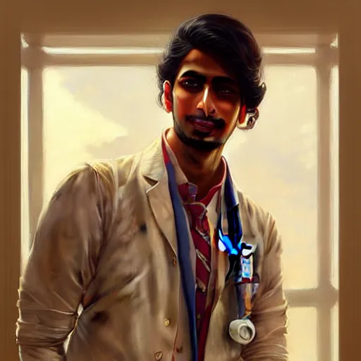 Image similar to Anxious good looking pale young Indian doctors wearing American clothes at the airport, portrait, elegant, intricate, digital painting, artstation, concept art, smooth, sharp focus, illustration, art by artgerm and greg rutkowski and alphonse mucha