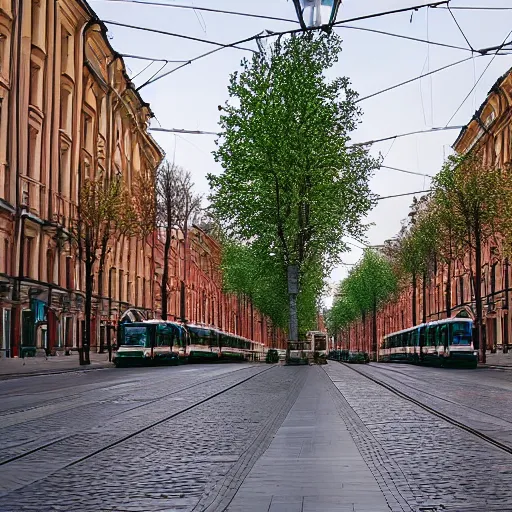 Prompt: Saint-Petersburg main street has trees and tram but without any car