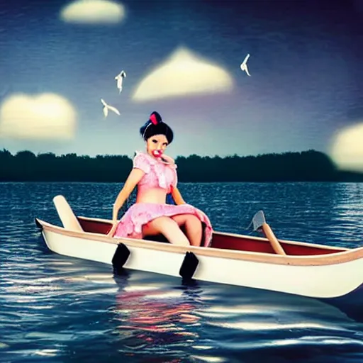 Prompt: realistic photo of Melanie Martinez rowing a boat across a big pond with lillpads and swans