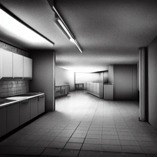 Prompt: ambient occlusion, underexposed photography, dark underground kitchen, windowless