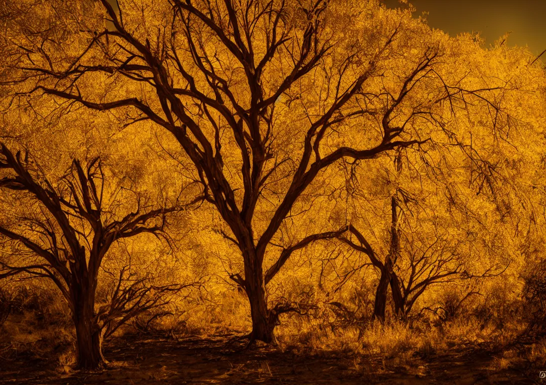 Image similar to a golden tree in a dark desert, detailed photography, dennis velleneuve, vivid colors, ultra realistic, 8 k, photography