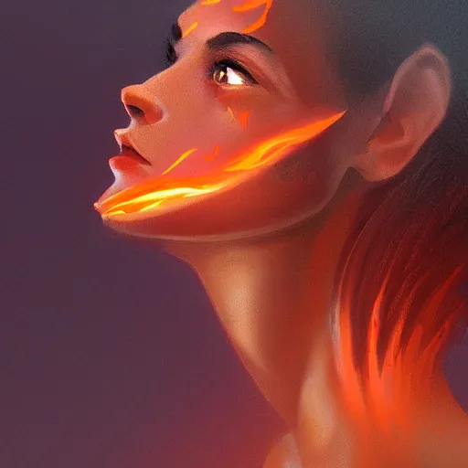 Image similar to side profile portrait of a mixed-race woman with an orange glow on her face from an orange flame being cast as a spell in her hand, medieval metallic knight armor, artstation, cgsociety, masterpiece, dark fantasy