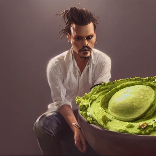 Image similar to johnny depp sitting in a giant bowl of guacamole, ultra high detailed, oil painting, greg rutkowski, charlie bowater, yuumei, yanjun cheng, unreal 5, daz, hyperrealistic, octane render, rpg portrait, dynamic lighting