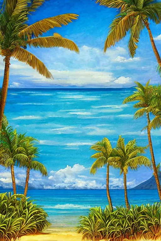 Image similar to beckoning palms lean over crystal clear water, shadows on water, hawaiian style by scott westmoreland