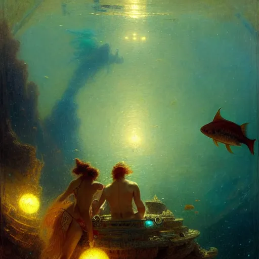 Prompt: you are at the bottom of the ocean looking up, see fishes swimming, the milk way, night time, midnight. highly detailed painting by gaston bussiere, greg rutkowski 8 k